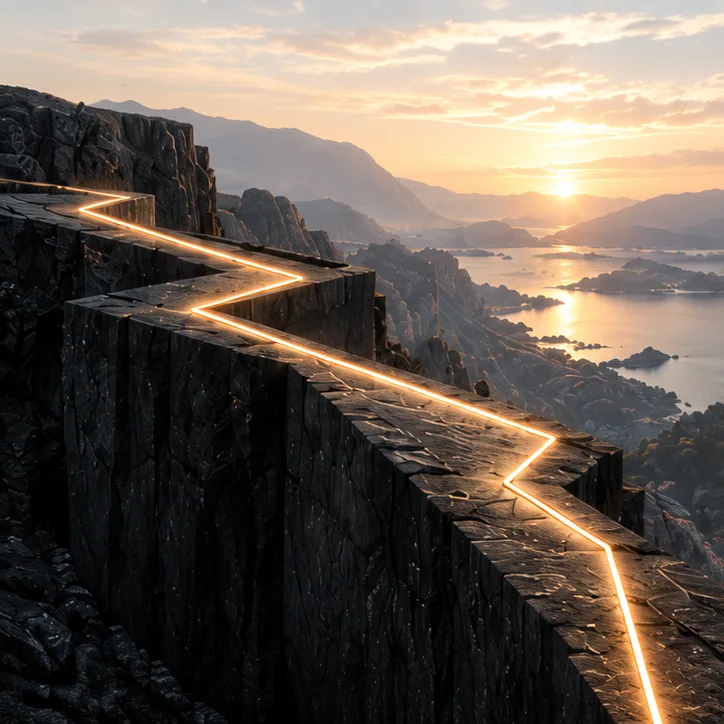 Un chemin lumineux trace une direction à travers les falaises.